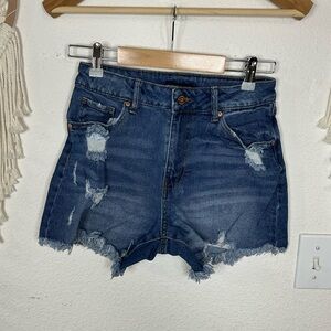 Sincerly Jules Distressed Blue Jean Shorts with High Waist and Frayed Hem 27